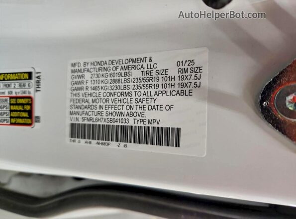 5FNRL6H7XSB041033 2025 HONDA ODYSSEY White VIN կոդի պիտակի տեսք