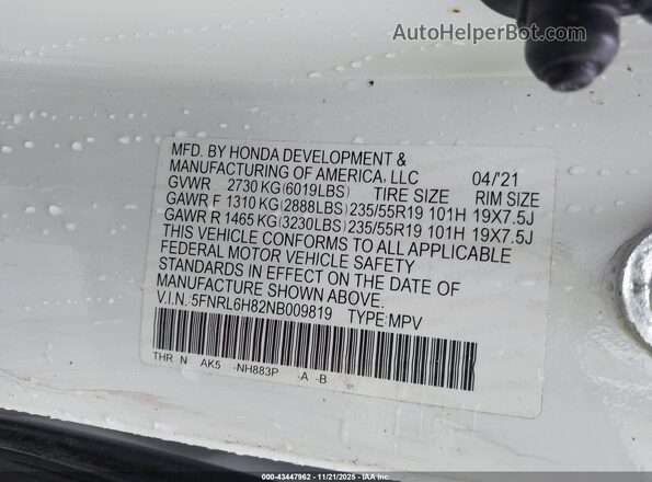 5FNRL6H82NB009819 2022 HONDA ODYSSEY White ძრავის განყოფილების ხედი