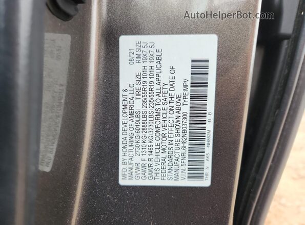 5FNRL6H82NB037300 2022 HONDA ODYSSEY Gray VIN կոդի պիտակի տեսք