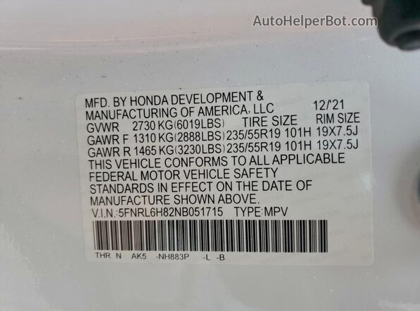 5FNRL6H82NB051715 2022 HONDA ODYSSEY White VIN կոդի պիտակի տեսք