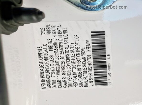 5FNRL6H82PB047120 2023 HONDA ODYSSEY White Vista de la etiqueta del VIN