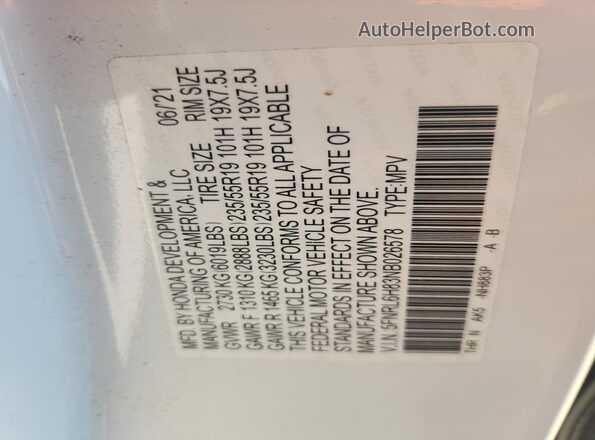 5FNRL6H83NB026578 2022 HONDA ODYSSEY White Widok naklejki z numerem VIN