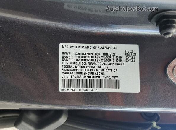 5FNRL6H84MB030394 2021 HONDA ODYSSEY Gray Widok naklejki z numerem VIN