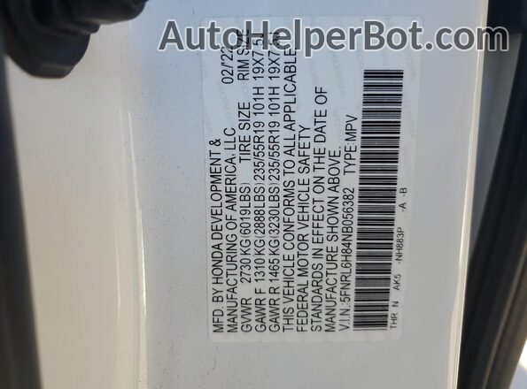 5FNRL6H84NB056382 2022 HONDA ODYSSEY White Widok wnętrza 360 stopni
