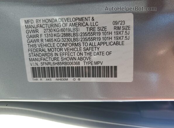 5FNRL6H85RB006368 2024 HONDA ODYSSEY Silver Vista de la etiqueta del VIN