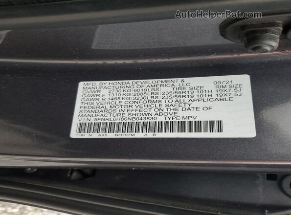5FNRL6H86NB043830 2022 HONDA ODYSSEY Gray VIN կոդի պիտակի տեսք