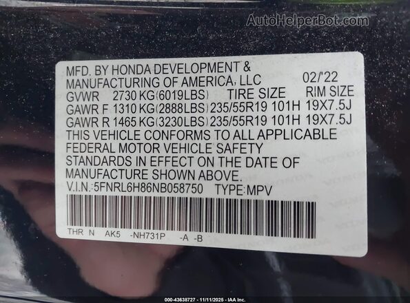 5FNRL6H86NB058750 2022 HONDA ODYSSEY Black Widok komory silnika