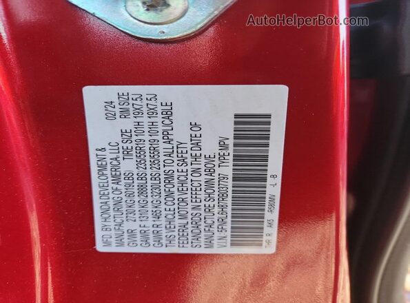 5FNRL6H87RB037797 2024 HONDA ODYSSEY Red Вид наклейки з VIN-кодом