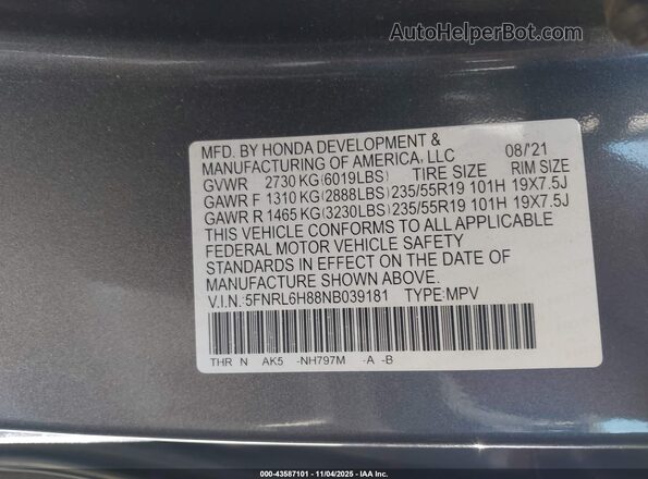 5FNRL6H88NB039181 2022 HONDA ODYSSEY Gray Widok komory silnika