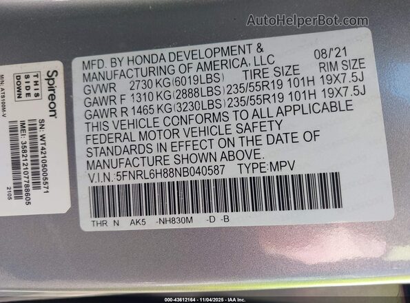 5FNRL6H88NB040587 2022 HONDA ODYSSEY Серебряный Вид подкапотного пространства