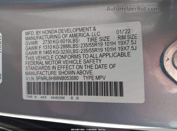 5FNRL6H88NB053680 2022 HONDA ODYSSEY Silver Widok komory silnika