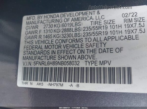 5FNRL6H89NB058032 2022 HONDA ODYSSEY Gray Engine compartment view