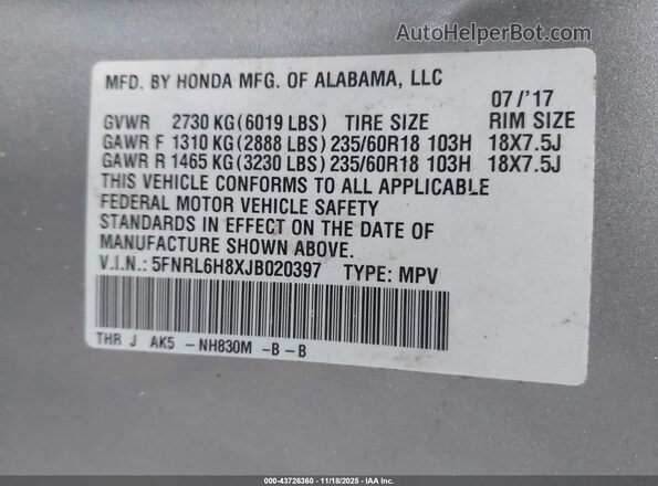 5FNRL6H8XJB020397 2018 HONDA ODYSSEY Silver Widok komory silnika