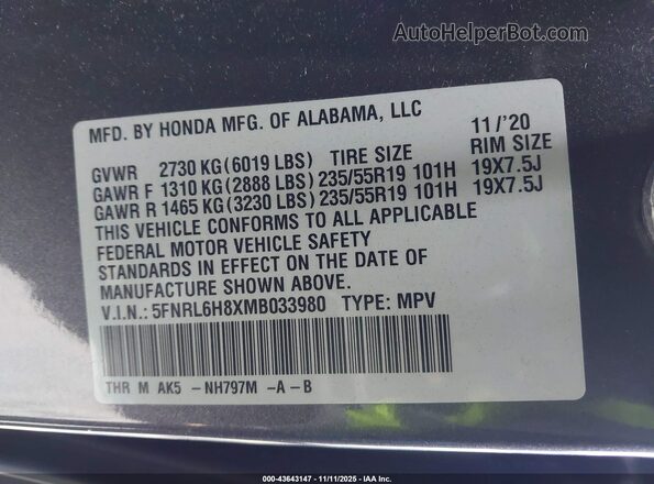 5FNRL6H8XMB033980 2021 HONDA ODYSSEY Gray Engine compartment view