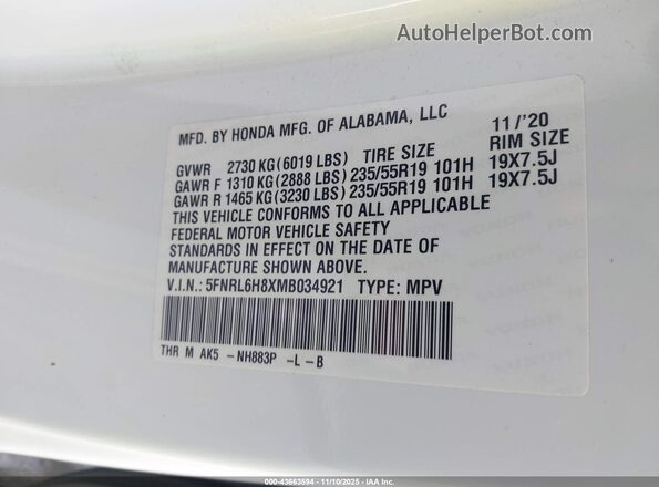 5FNRL6H8XMB034921 2021 HONDA ODYSSEY Белый Вид подкапотного пространства
