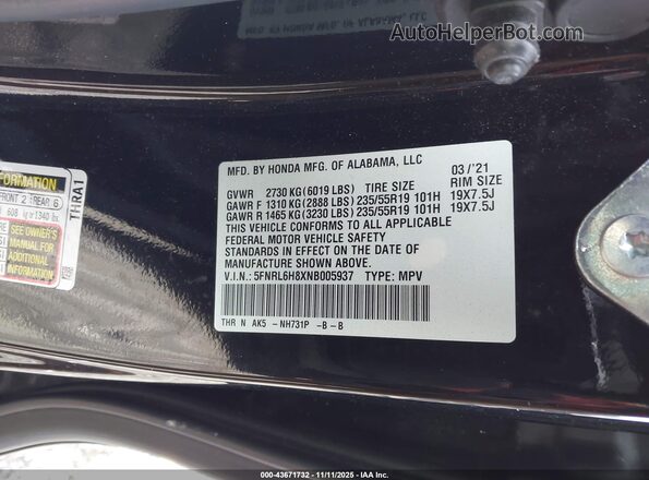 5FNRL6H8XNB005937 2022 HONDA ODYSSEY Black Widok komory silnika