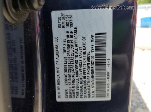 5FNRL6H90MB002150 2021 HONDA ODYSSEY Blue Vista interior de 360 grados