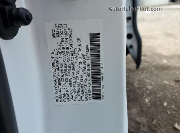 5FNRL6H91NB015698 2022 HONDA ODYSSEY White VIN კოდის სტიკერის ხედი