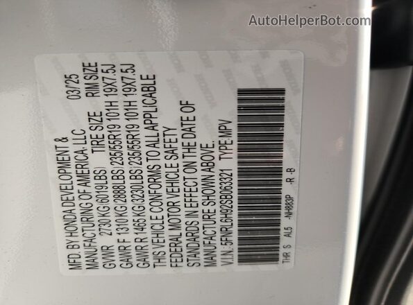 5FNRL6H92SB063321 2025 HONDA ODYSSEY White Vista de la etiqueta del VIN