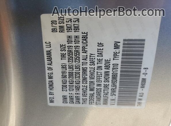 5FNRL6H93MB017810 2021 HONDA ODYSSEY Серебряный Вид наклейки с VIN-кодом