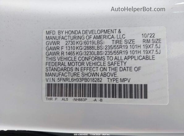 5FNRL6H93PB018282 2023 HONDA ODYSSEY White Vista del compartimento del motor