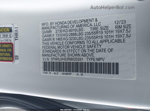 5FNRL6H93RB025591 2024 HONDA ODYSSEY White Widok komory silnika