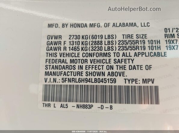 5FNRL6H94LB045159 2020 HONDA ODYSSEY Белый Вид подкапотного пространства