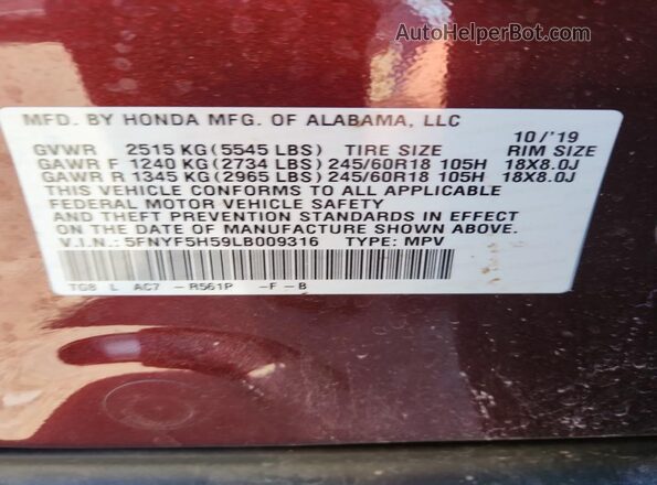 5FNYF5H59LB009316 2020 HONDA PILOT Burgundy VIN sticker view