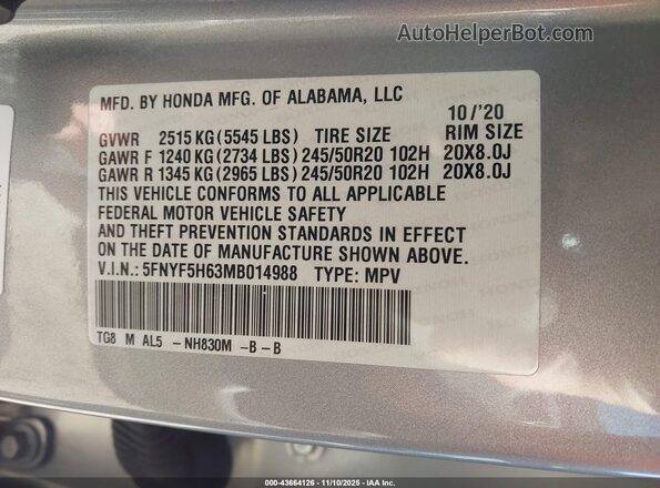5FNYF5H63MB014988 2021 HONDA PILOT Silver Vista del compartimento del motor