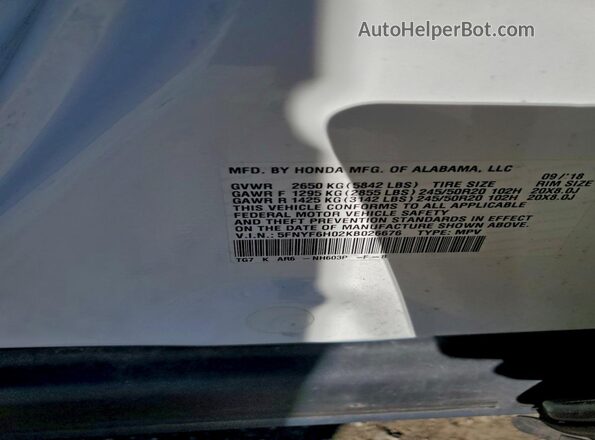 5FNYF6H02KB026676 2019 HONDA PILOT White 360 interior view