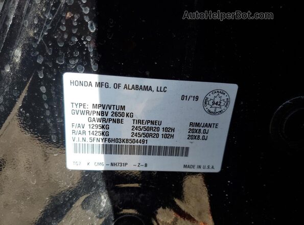 5FNYF6H03KB504491 2019 HONDA PILOT Black Vista de la etiqueta del VIN