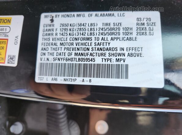 5FNYF6H07LB059545 2020 HONDA PILOT Черный Вид наклейки с VIN-кодом