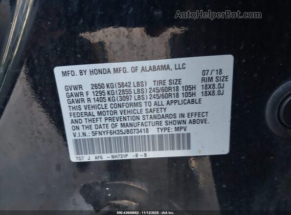 5FNYF6H35JB073418 2018 HONDA PILOT Black 