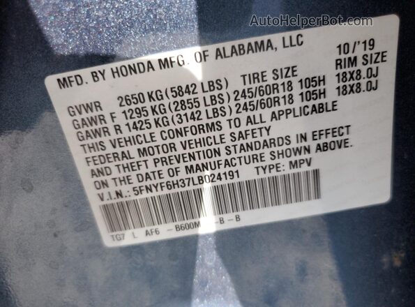 5FNYF6H37LB024191 2020 HONDA PILOT Blue VIN კოდის სტიკერის ხედი