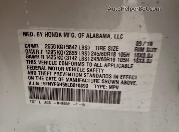 5FNYF6H55LB010890 2020 HONDA PILOT White VIN sticker view