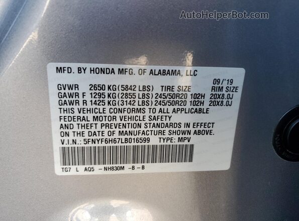5FNYF6H67LB016599 2020 HONDA PILOT Серебряный Вид подкапотного пространства