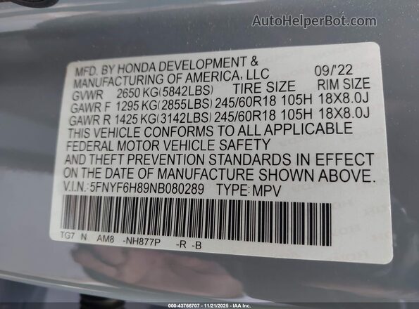 5FNYF6H89NB080289 2022 HONDA PILOT Blue Vista del compartimento del motor