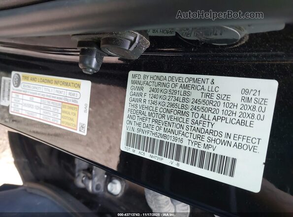 5FNYF7H52MB013916 2021 HONDA PASSPORT Черный Вид подкапотного пространства