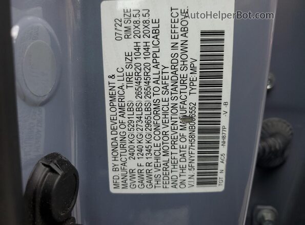5FNYF7H58NB006552 2022 HONDA PASSPORT Teal VIN կոդի պիտակի տեսք