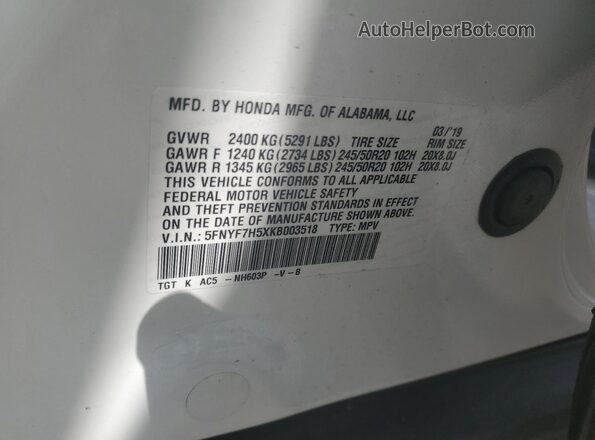 5FNYF7H5XKB003518 2019 HONDA PASSPORT White Vista de la etiqueta del VIN