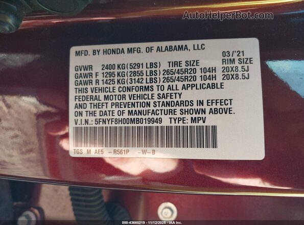 5FNYF8H00MB019949 2021 HONDA PASSPORT Темно-бордовый Вид подкапотного пространства
