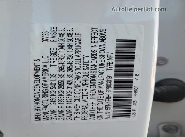 5FNYF8H05PB030191 2023 HONDA PASSPORT White Widok naklejki z numerem VIN