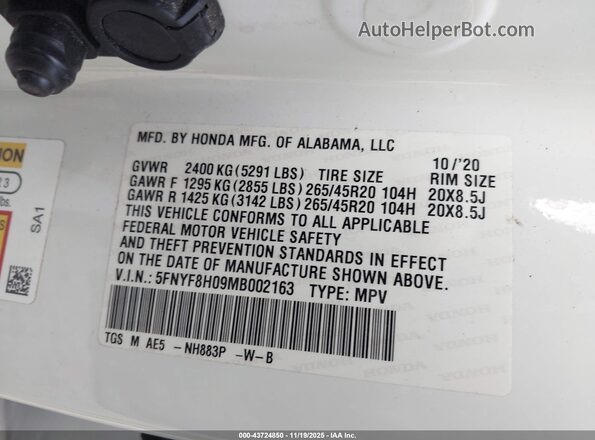 5FNYF8H09MB002163 2021 HONDA PASSPORT White Vista del compartimento del motor