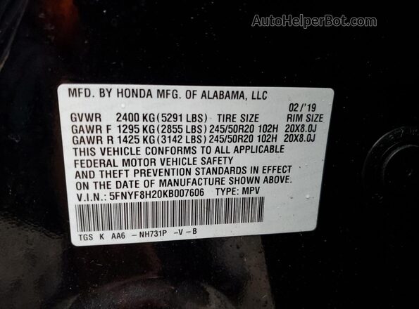 5FNYF8H20KB007606 2019 HONDA PASSPORT Черный Вид наклейки с VIN-кодом