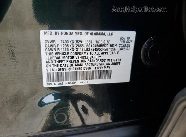 5FNYF8H21KB017366 2019 HONDA PASSPORT Green Widok naklejki z numerem VIN