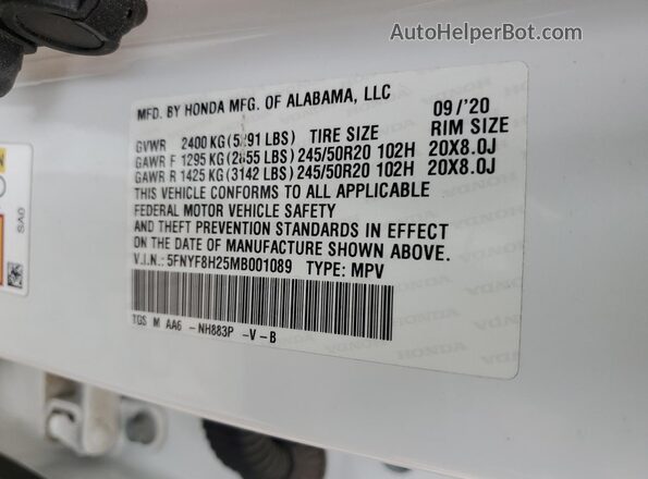 5FNYF8H25MB001089 2021 HONDA PASSPORT White Vista de la etiqueta del VIN