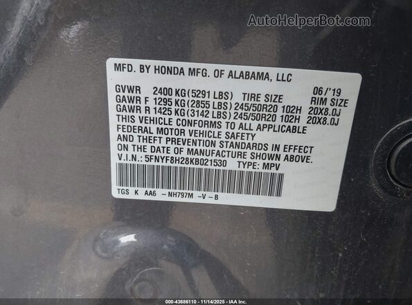 5FNYF8H28KB021530 2019 HONDA PASSPORT Gray Vista del compartimento del motor