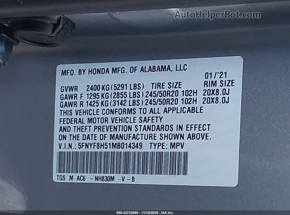 5FNYF8H51MB014349 2021 HONDA PASSPORT Серебряный Вид подкапотного пространства
