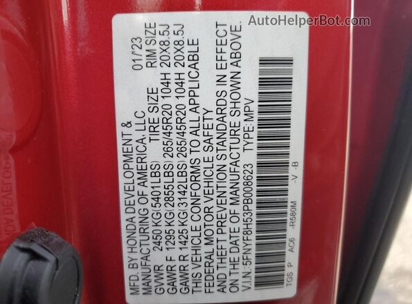 5FNYF8H53PB008623 2023 HONDA PASSPORT Red Vista de la etiqueta del VIN