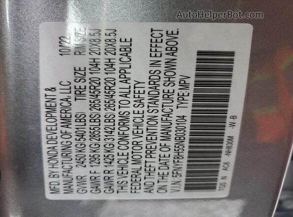 5FNYF8H55NB030104 2022 HONDA PASSPORT Silver Widok naklejki z numerem VIN